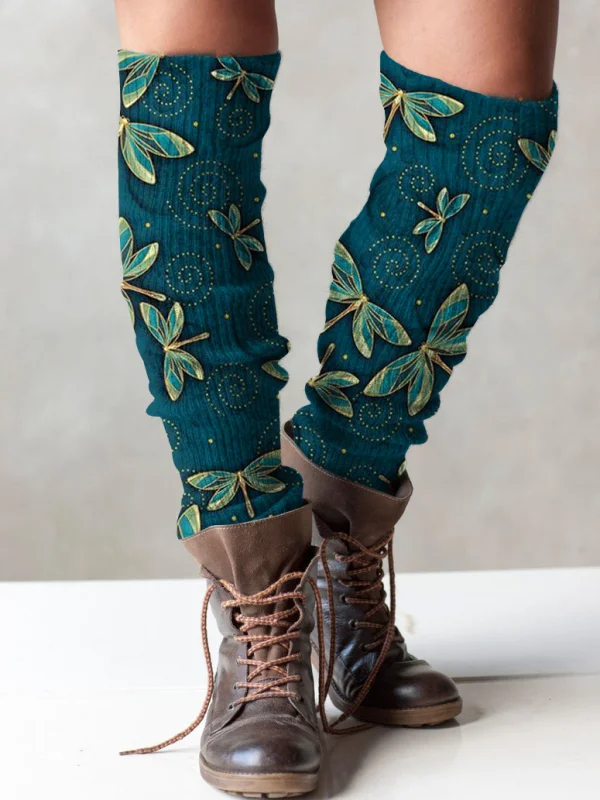 Retro dragonfly print knit boot cuffs leg warmers