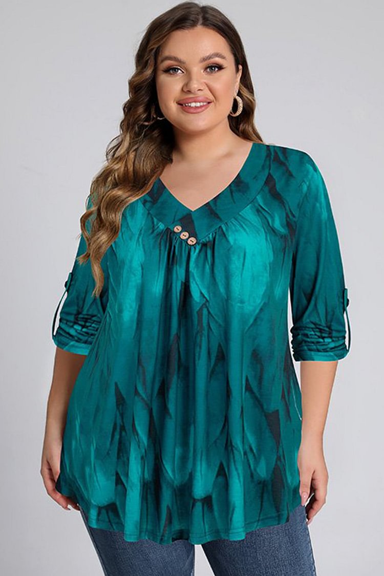 Flycurvy Plus Size Casual Green Print Decorative Button 3/4 Sleeve Blouses  flycurvy [product_label]