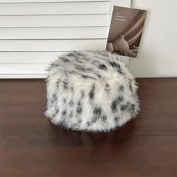 Leopard print plush women's warm ear protection fuzzy bucket hat for autumn and winter