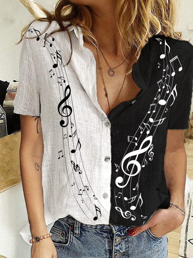 wearshes Music Notes Contrast Color Short Sleeve Blouse