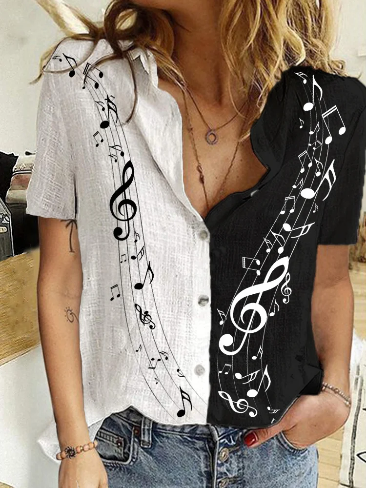 Music Notes Contrast Color Short Sleeve Blouse