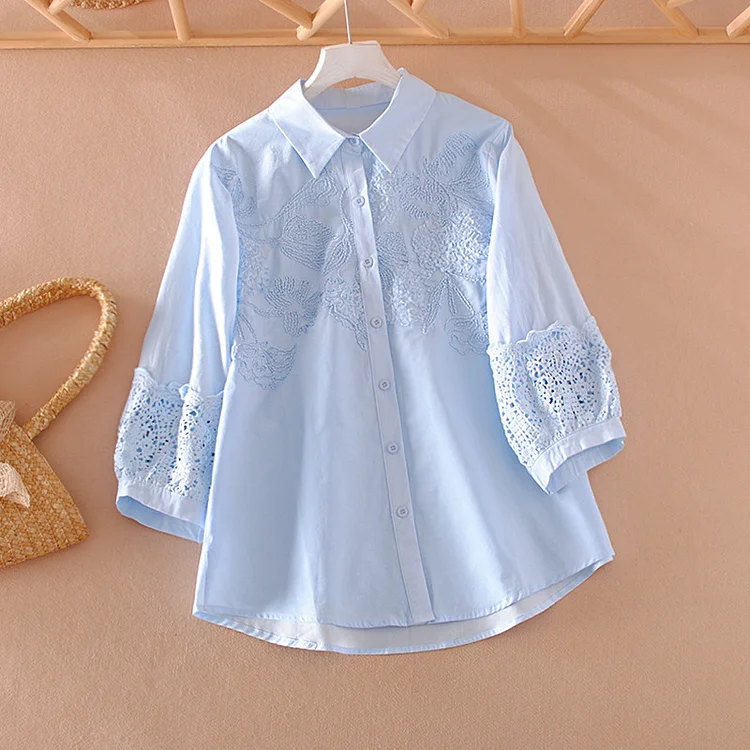 Women's Embroidery Lace Splicing Lapel Shirt