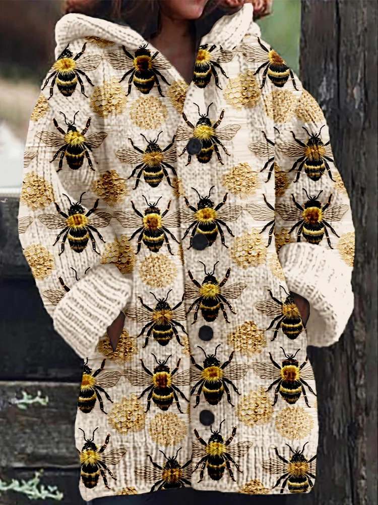 VChics Cute Bumble Bee Embroidery Art Cozy Hooded Cardigan