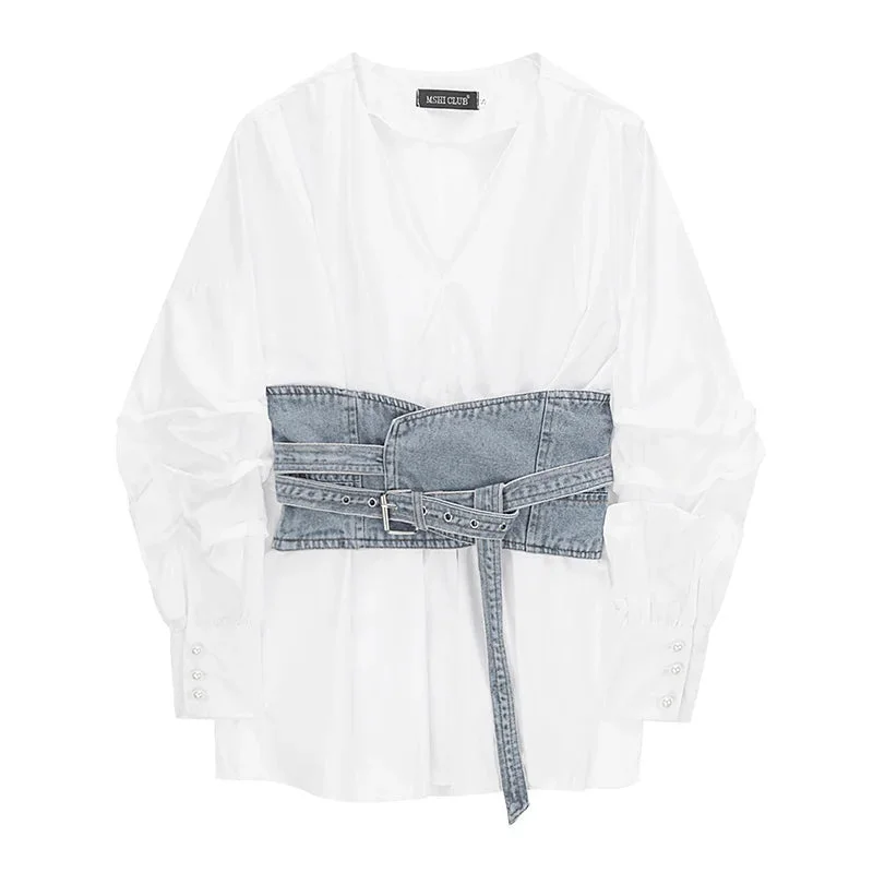 Huibahe Women Blouse Loose V-neck Puff Sleeve Patchwork Denim Waistband Belt White Pleated Shirt 2024 Summer New Fashion 29L611