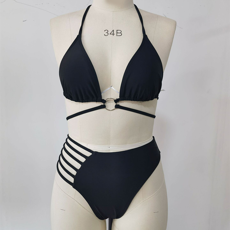 Mature Women Two-piece Halter Neck Bikini Leopard Print Cutout Strap Swimsuit Set Summer Beach
