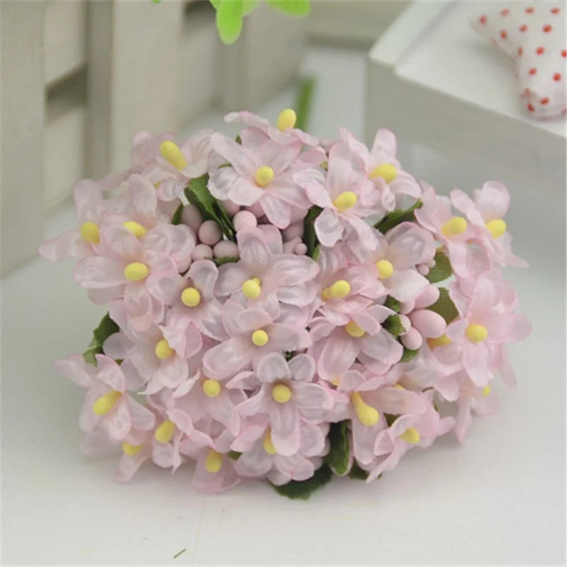 12pcs/lot Cherry Plum Mini Blossom Artificial Silk Baby Breath Bouquet Stamen DIY Scrapbooking Wreath Wedding Decorations