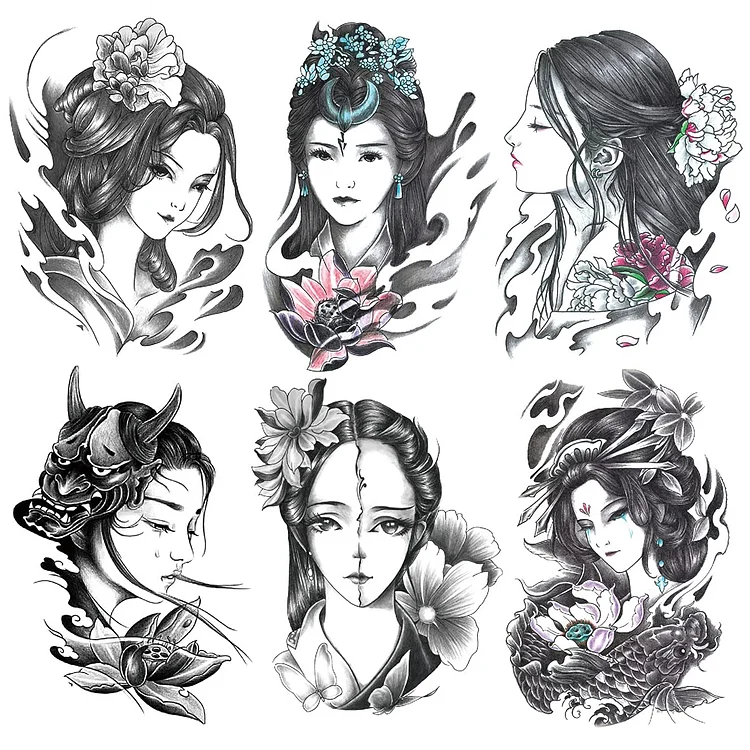 6 Sheets Arm Fake Waterproof Temporary Tattoos Stickers, Black Japanese Ancient Beauty Lady Women Koi Geisha Prajna Lotus, suit for Leg Back Thigh