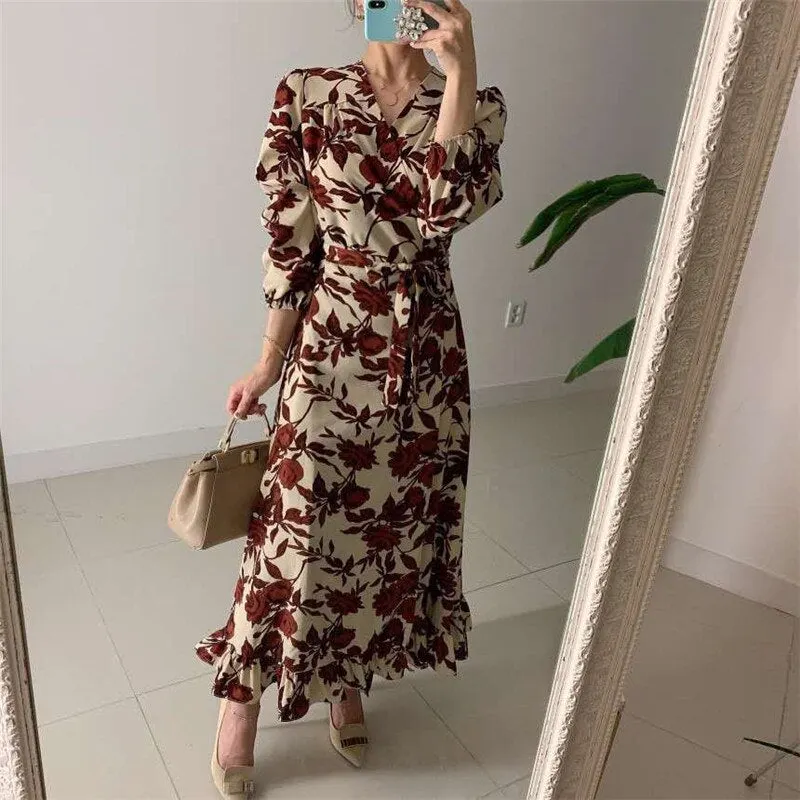 Retro Chic Floral Print Elegant Long Dress Outgoing Spring Womens All-Match Sweet