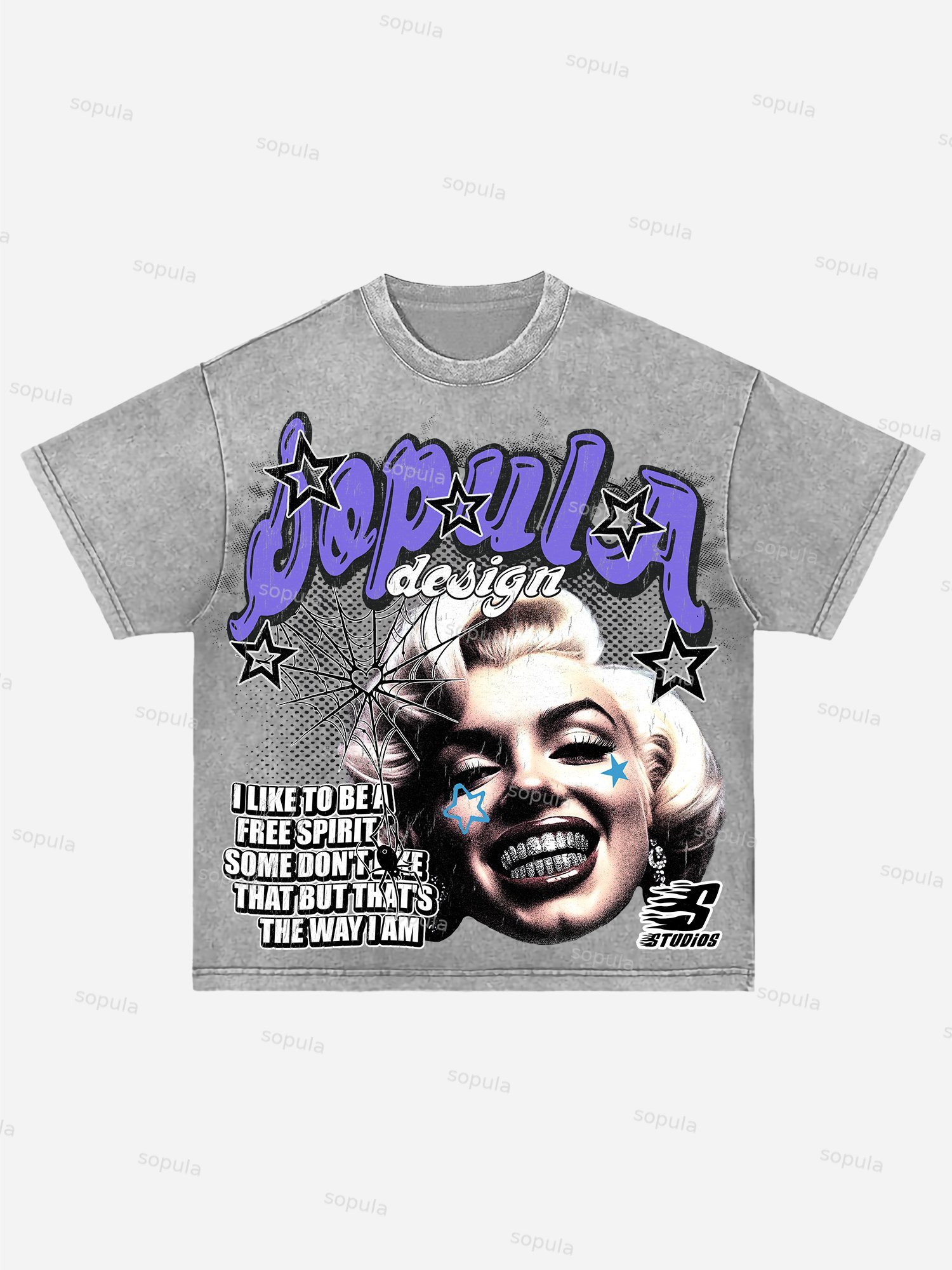 From Street Marilyn Monroe Character Graphic Acid Wash T-shirt - SOPULA