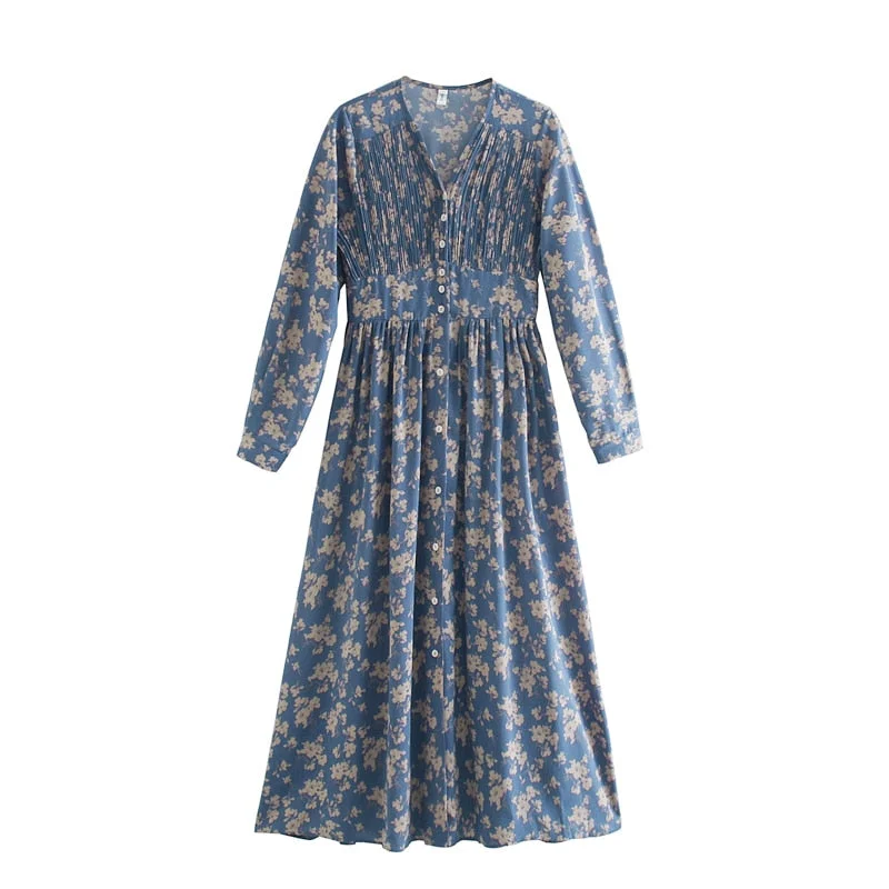 Toppies 2021 spring women dress long sleeve midi dress floral printing single breasted v-neck korean fashion clothings