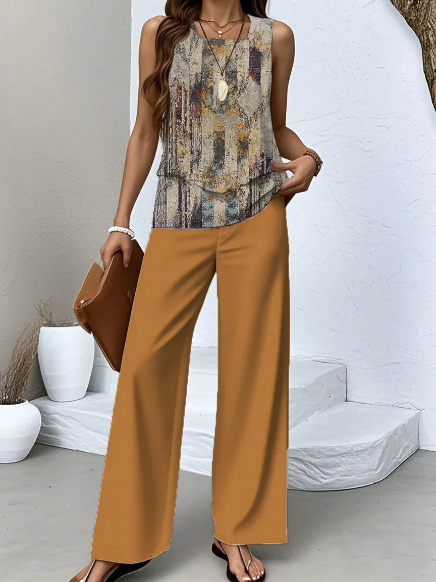 Women's Sleeveless Square Collar Graphic Printed Casual Set