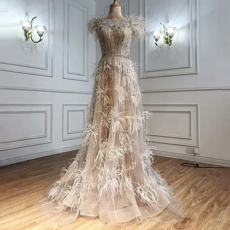 Lisliy Feather Sequins Applique Prom Dress A Line Tulle 