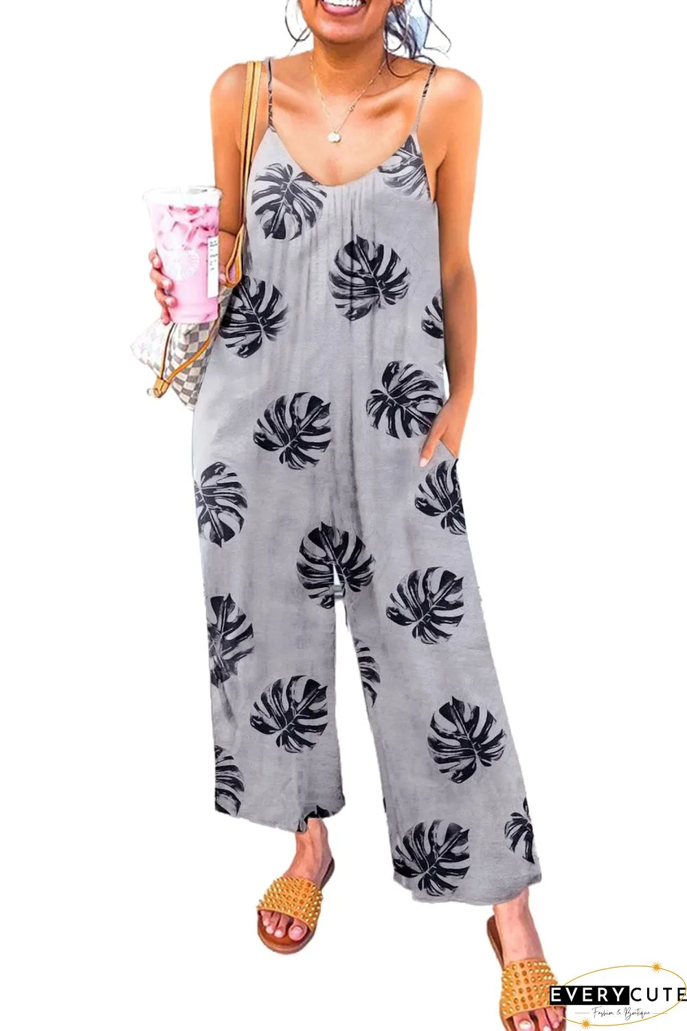 Print Spaghetti Strap Wide Leg Jumpsuit