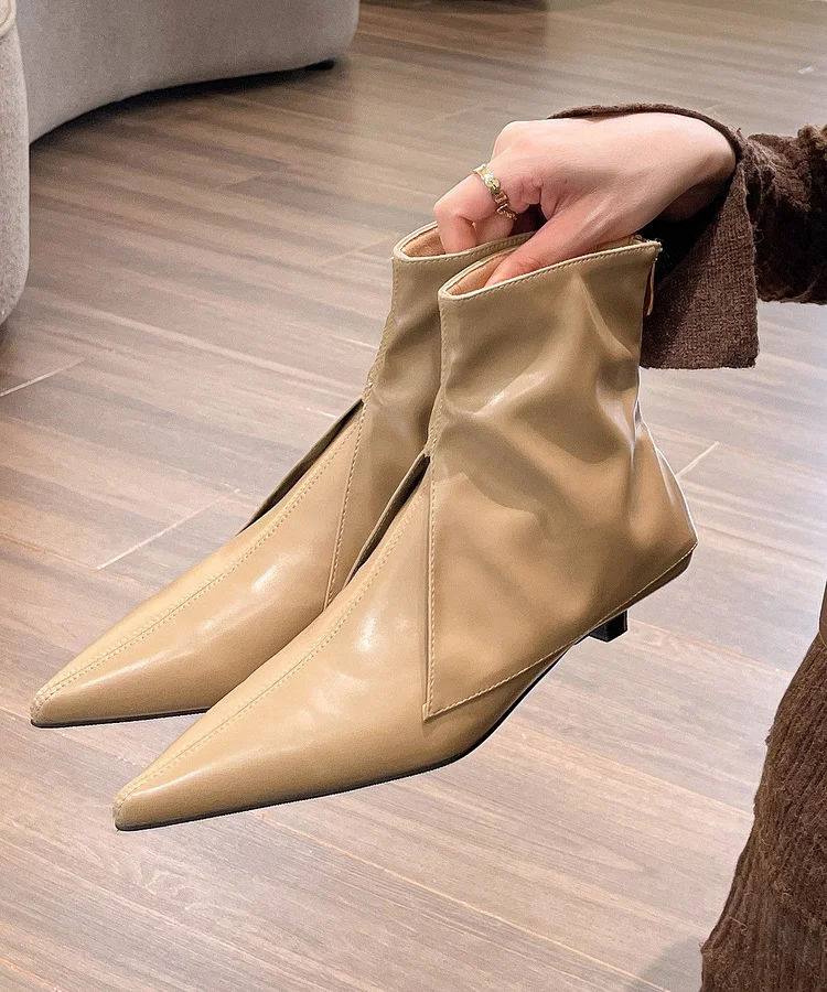 Women Splicing Ankle Boots Khaki Faux Leather Pointed Toe