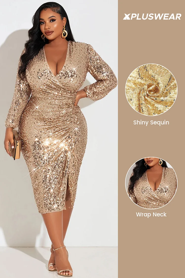 Xpluswear Design Plus Size Cocktail Party Champagne Wrap Neck Long Sleeve Bodycon Elegant Ruffled Sequin Midi Dresses [Pre-Order]