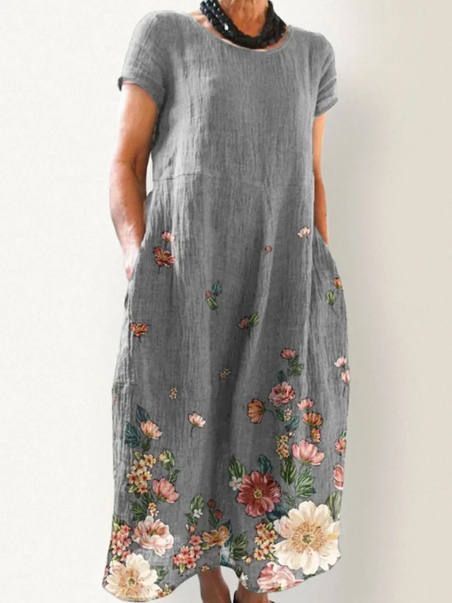 Round Neck Cotton And Linen Printed Pocket Short-sleeved Maxi Dress