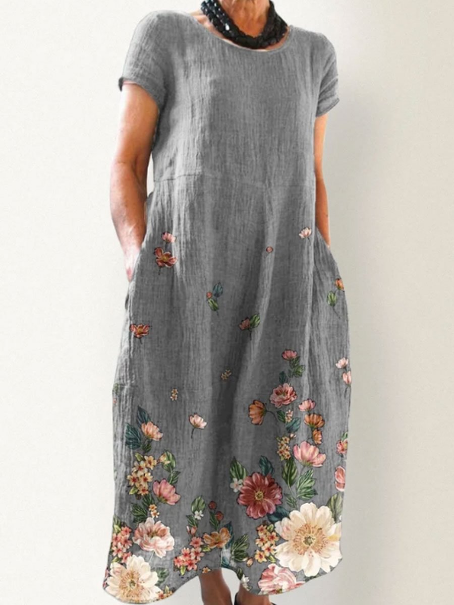 Round Neck Cotton And Linen Printed Pocket Short-sleeved Maxi Dress