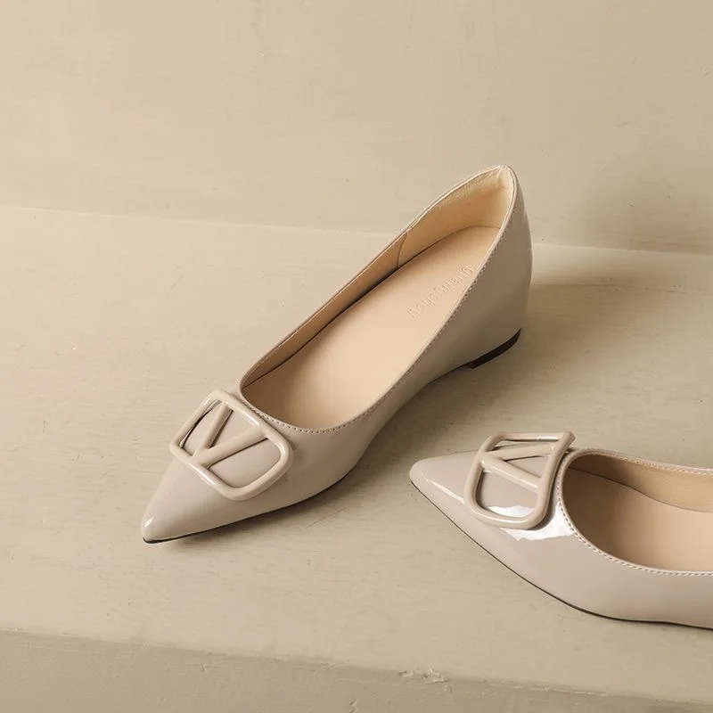 Breakj Breakj Sharp Head Soft Soles In The Increase Single Shoes Spring And Autumn Leather Bare Light Flat Commuting V Buckle Temperament Women's Shoes