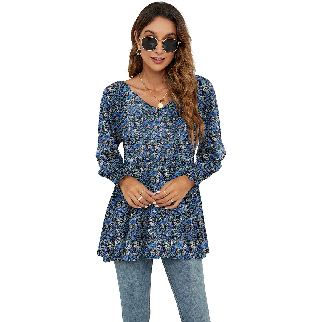 Casual Loose Notched Long Sleeve Floral Top TUNIC