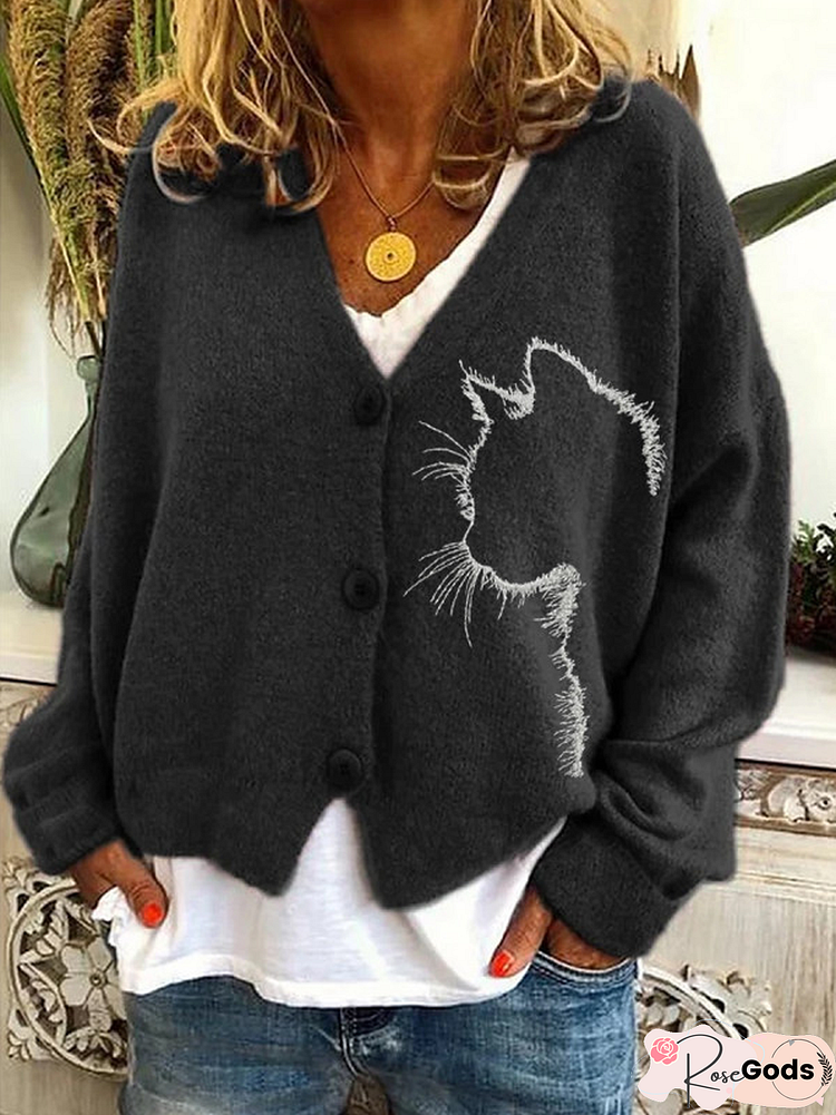 Women Casual Animal Autumn V Neck Micro-Elasticity Daily Long Sleeve Fit Long Sweater Coat