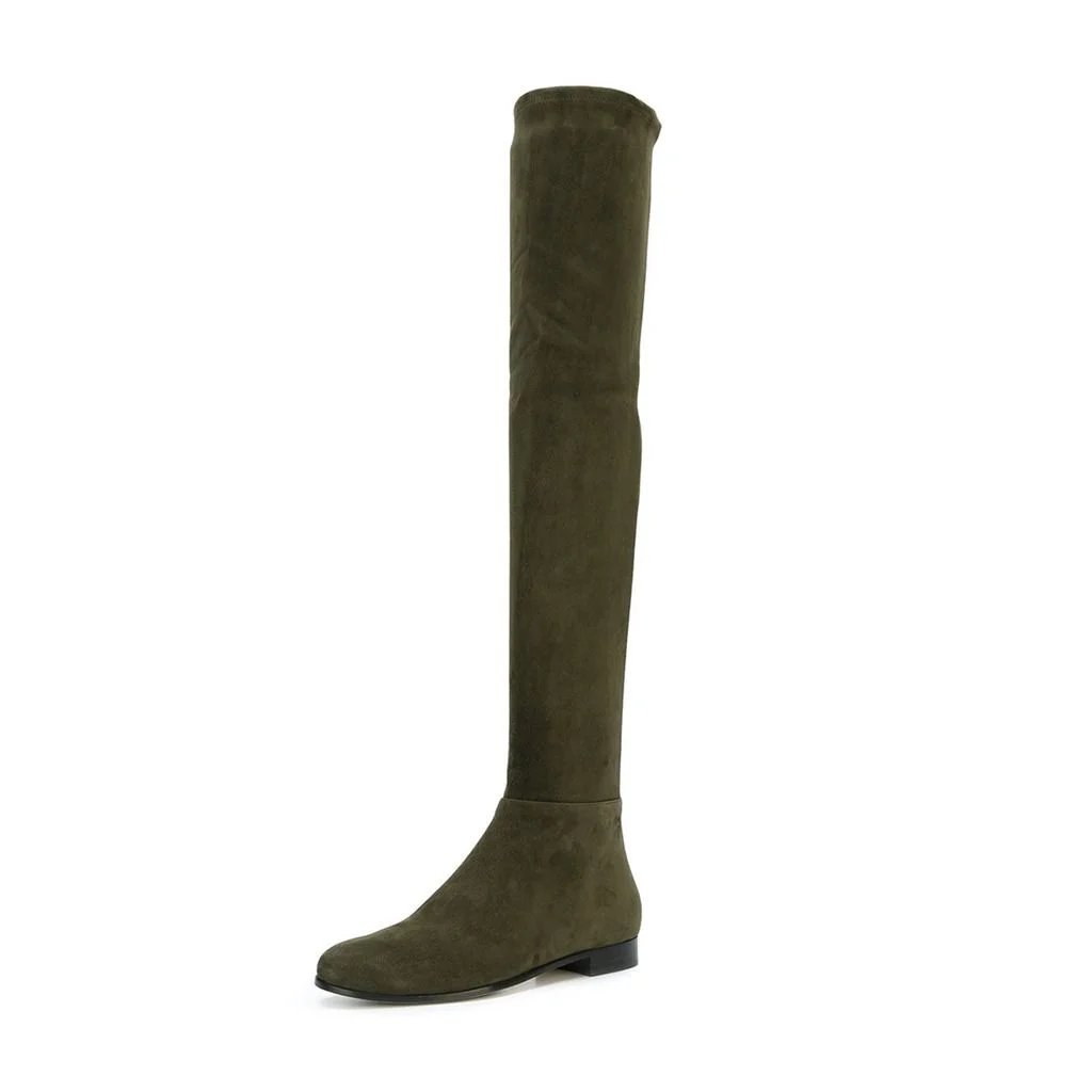 Simple Vegan Suede Chunky Heel Round Toe Over The Knee Boots in Olive