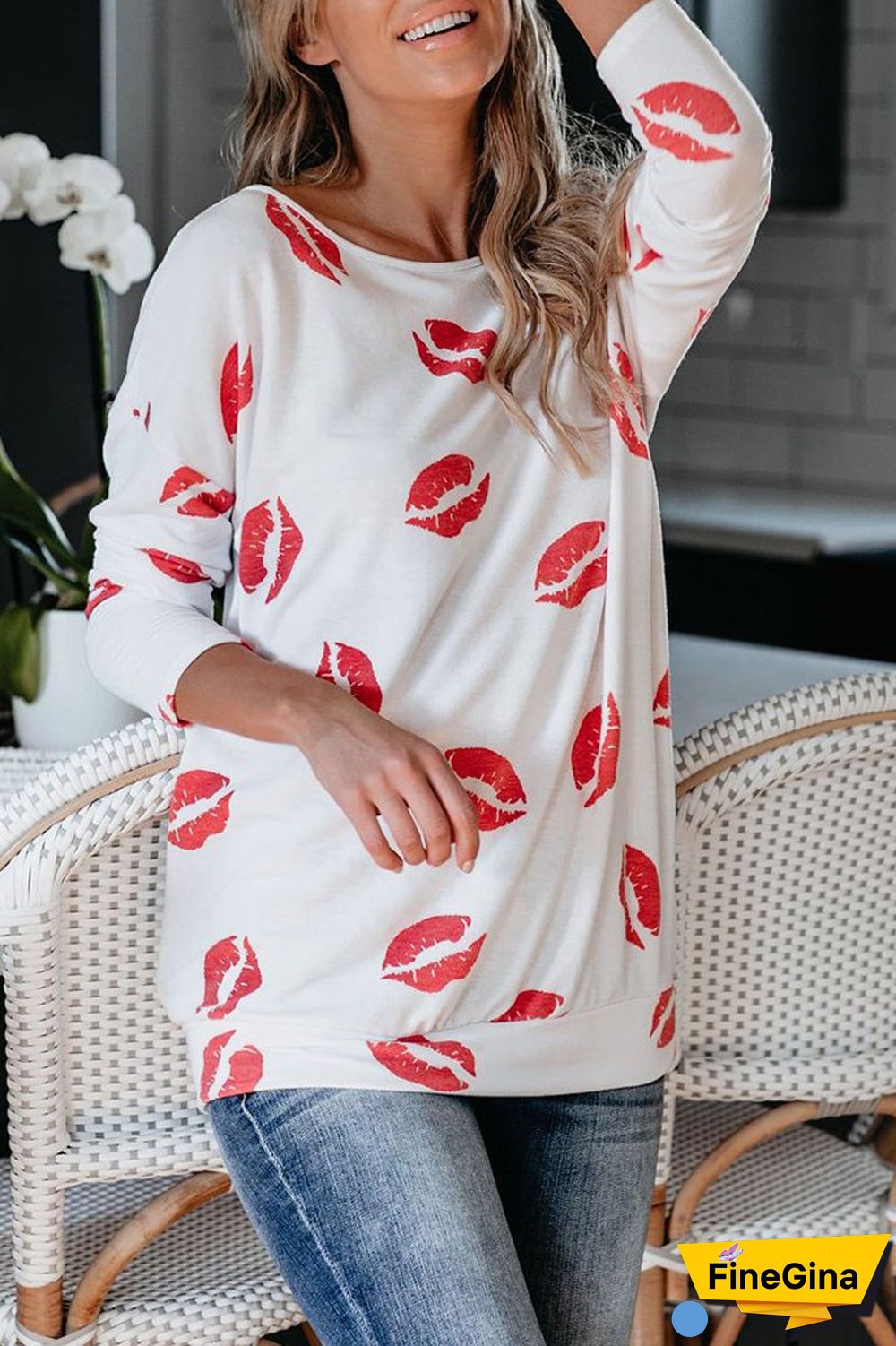 Lip Print Long Sleeve Casual T-Shirt