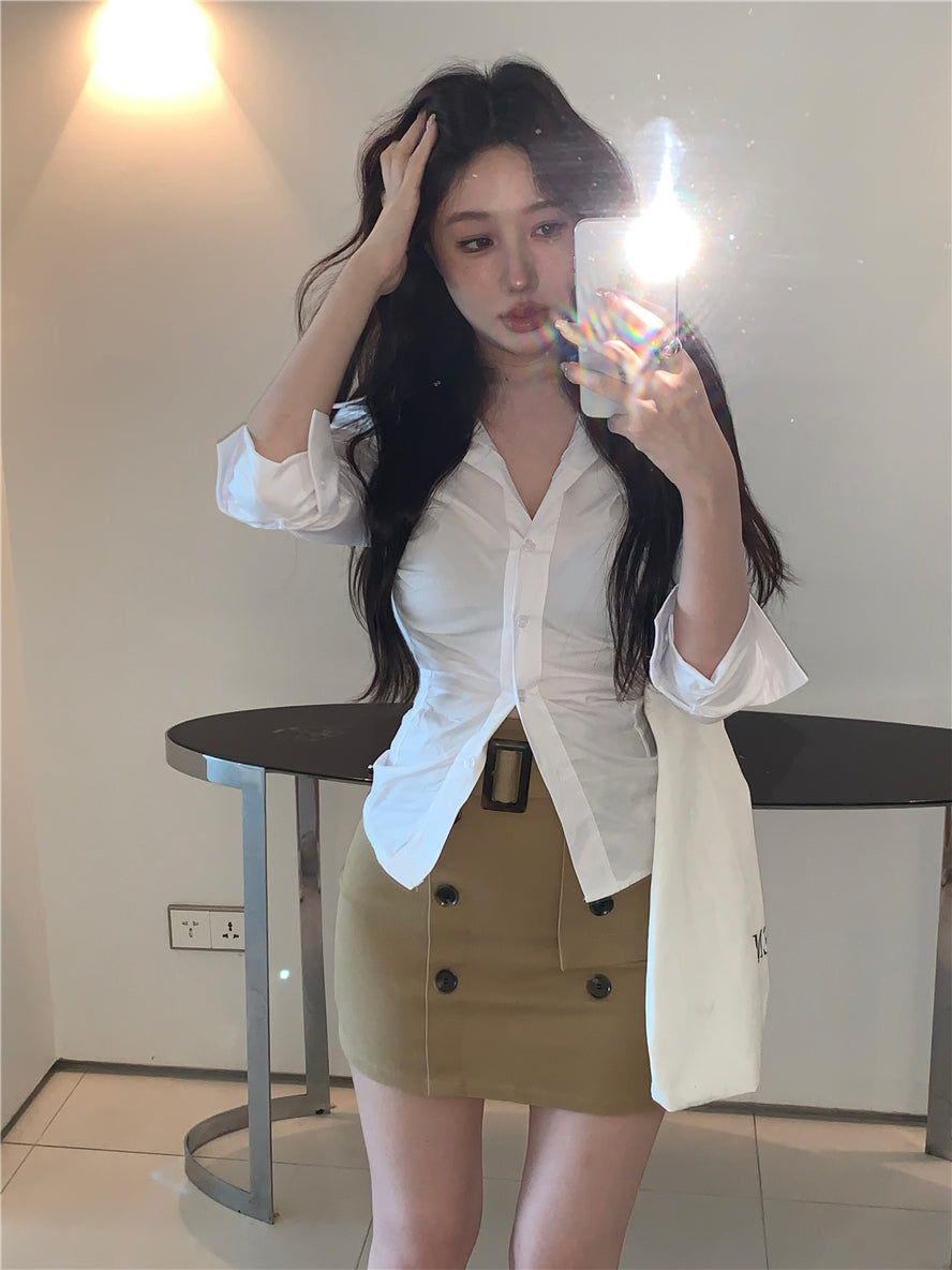 Aiertu 2000s fashion Women's Korean-Style Slim-Fit Lapel Long-Sleeved Shirt Spring Niche White Shirt Elegant Slimming Fashionable Chic Top aiertu