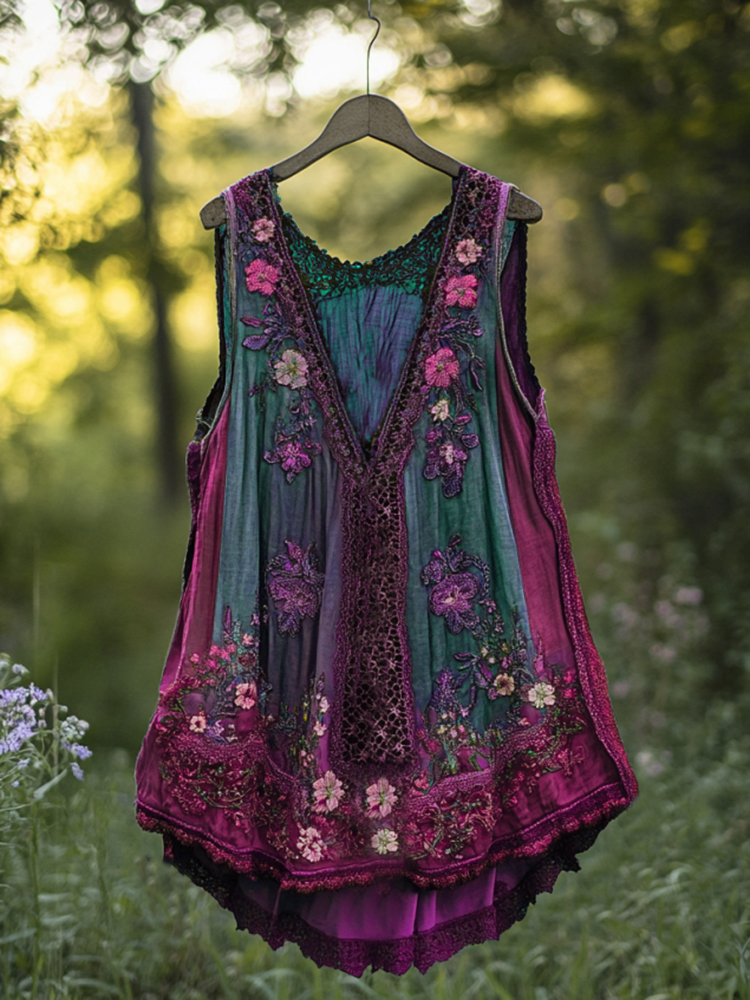 Boho Levendula Csipke Művészeti Len Csipke Patchwork Művészeti Ujjatlan Tank Top