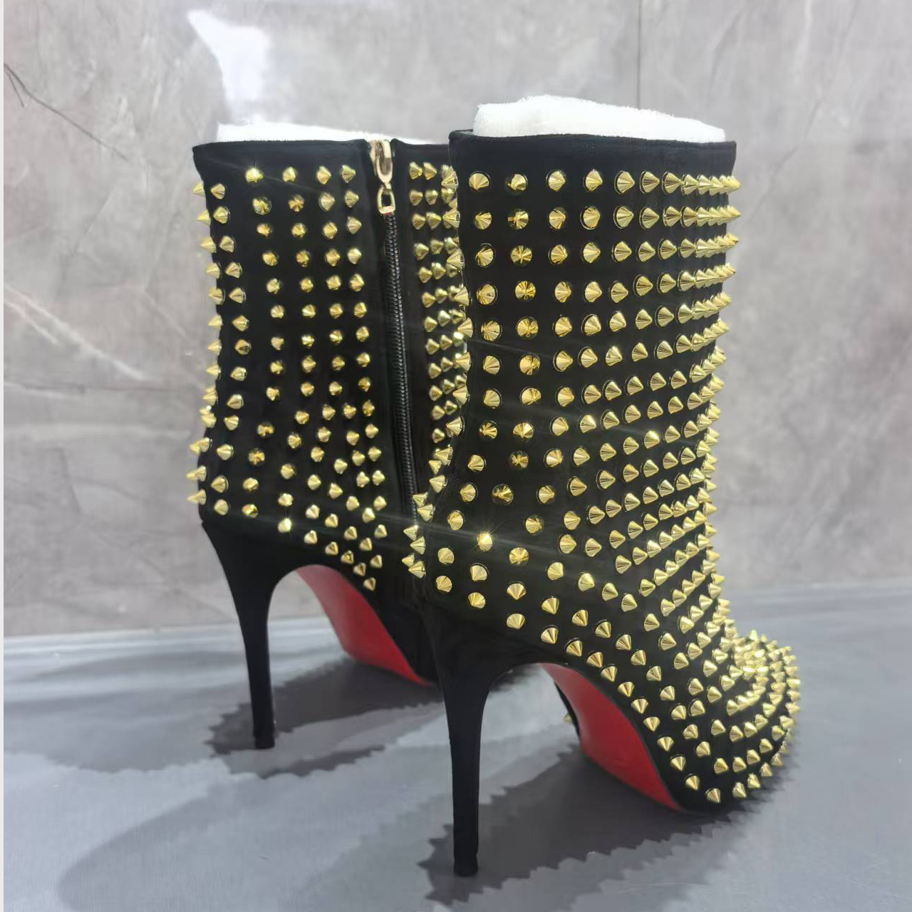 3.94" /4.72" Women's Ankle Boots Red Bottom Shoes Rivet  Closed Pointed Toe Stilettos Booties-MERUMOTE