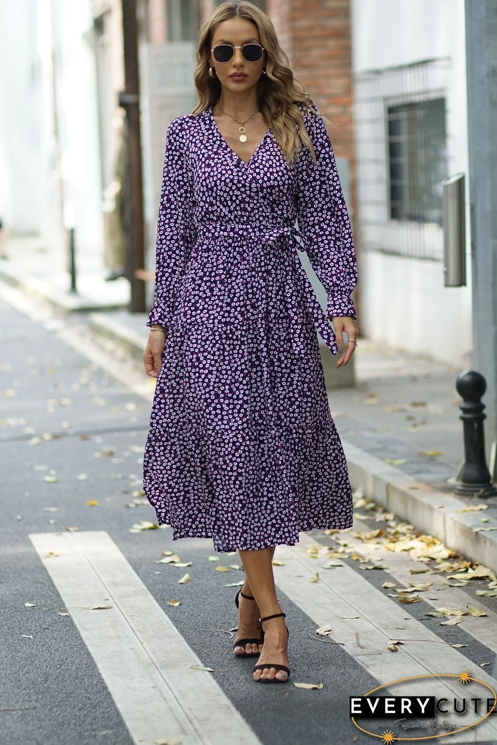 Navy Blue V Neck Tie Waist Long Sleeve Floral Dress