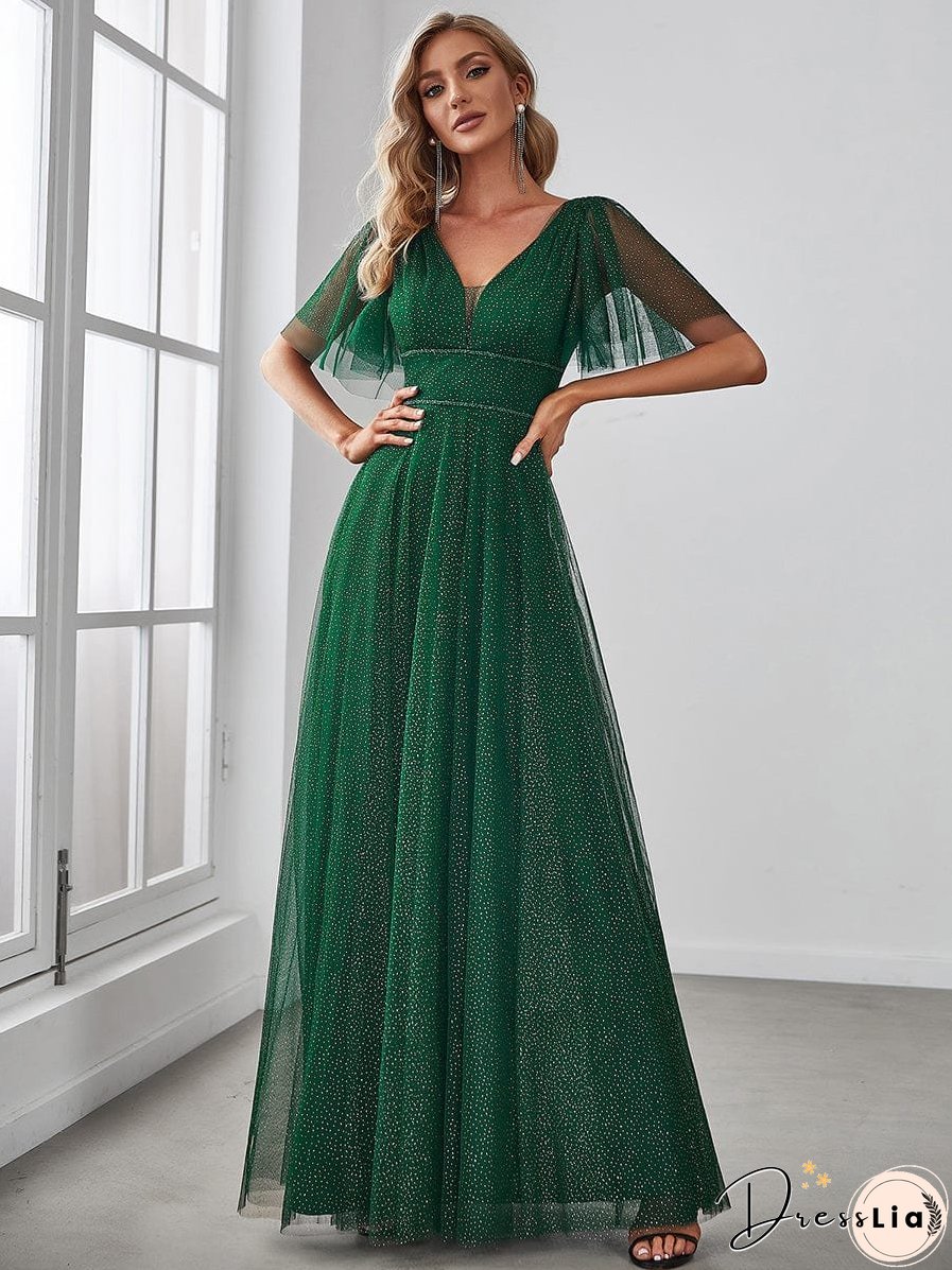 Elegant Golden Stamped Ruffle Sleeve Evening Gown