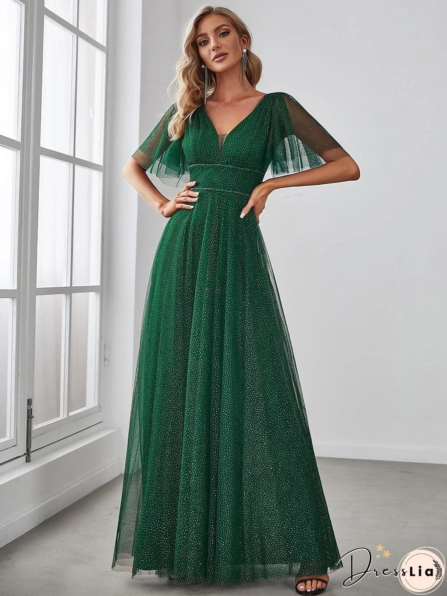 Elegant Golden Stamped Ruffle Sleeve Evening Gown