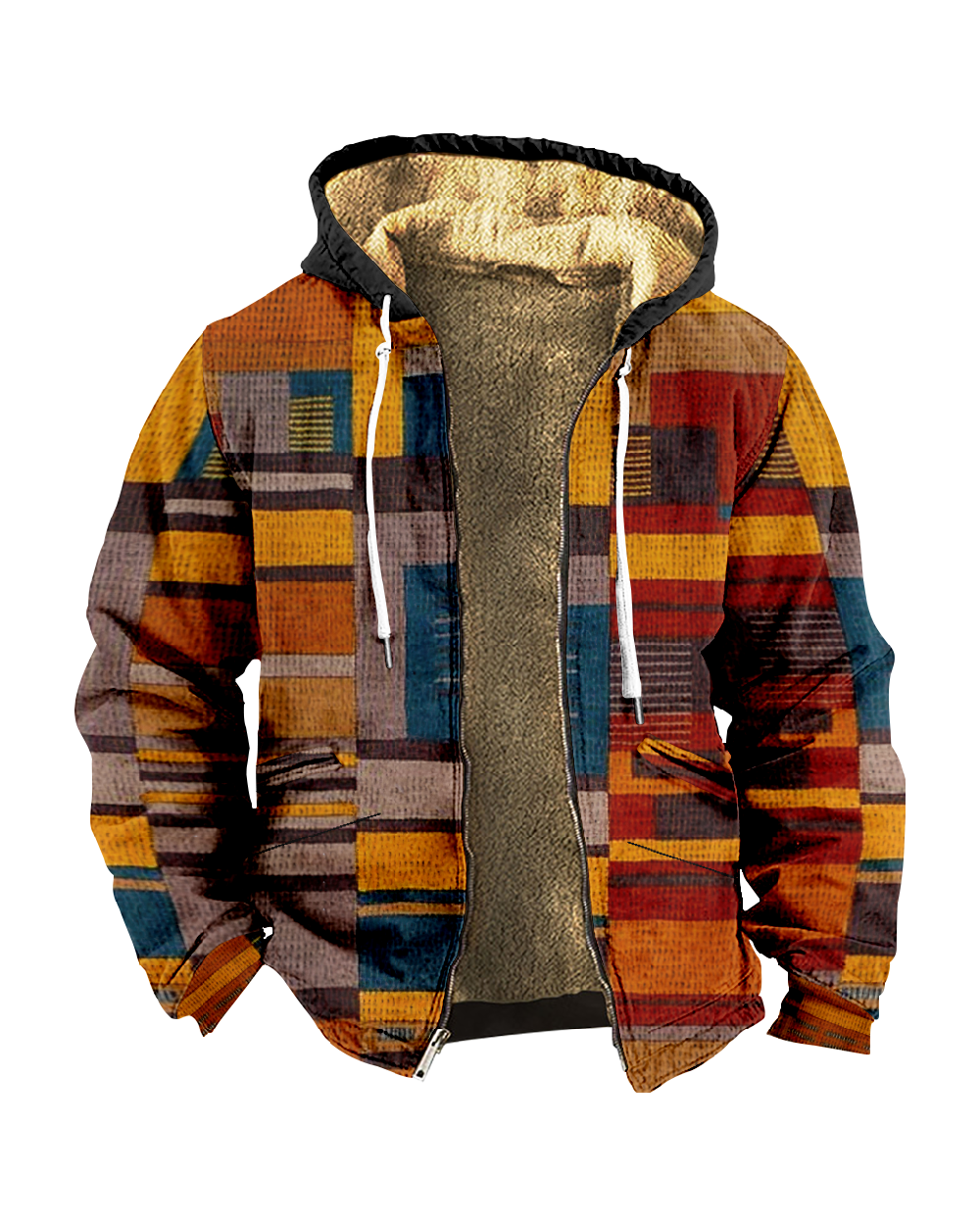 Suitmens Men's Artistic Plaid Print Fleece Hooded Jacket 0036