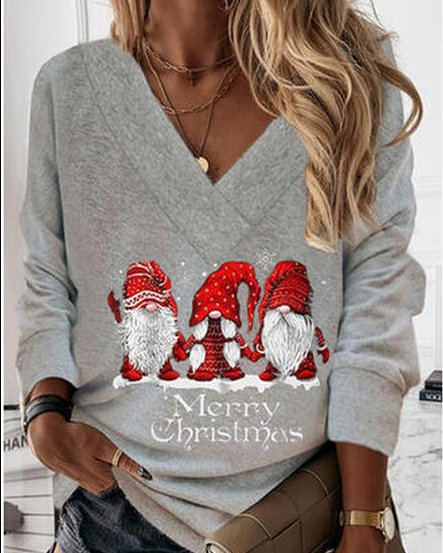 Christmas V Neck Cotton Blends Loosen Sweatshirt