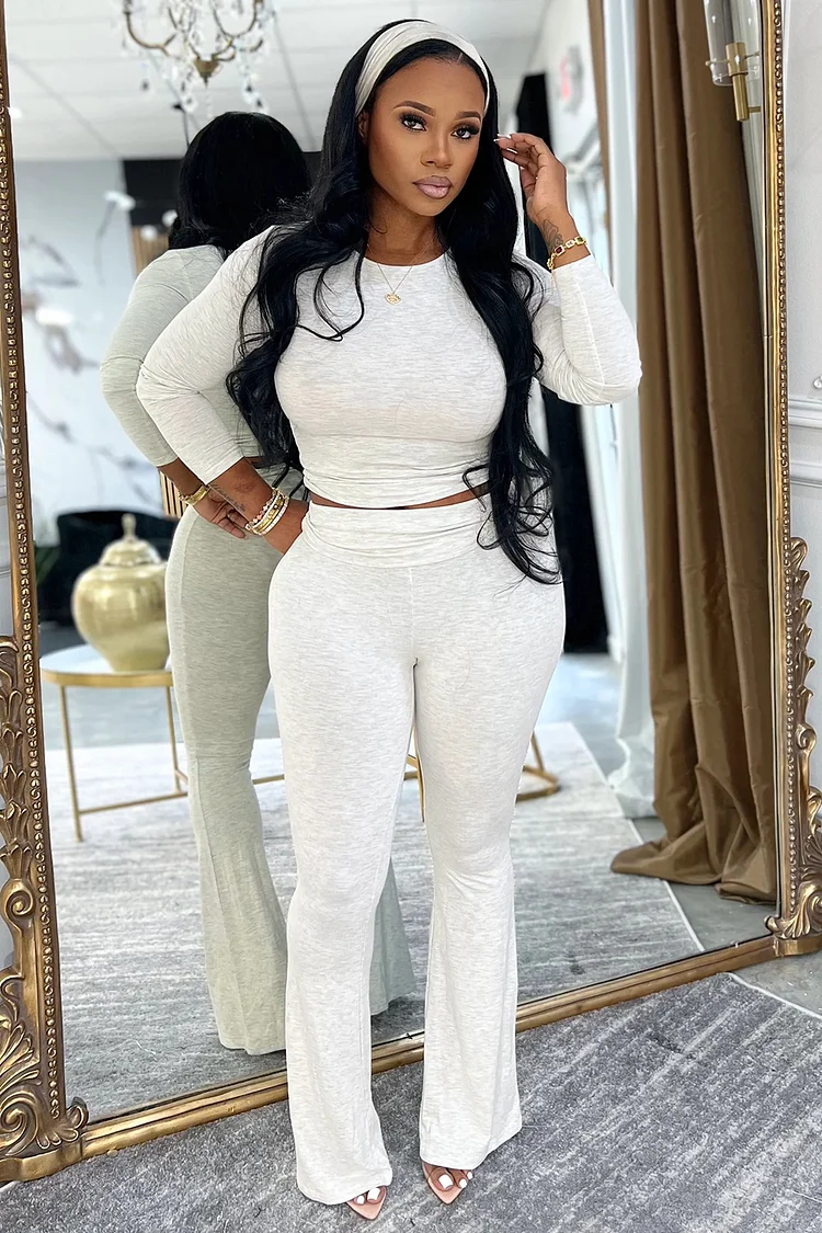 Crew Neck Slim-Fit Crop Top High-Rise Pants Casual 2pcs Set-Gray [Pre Order]