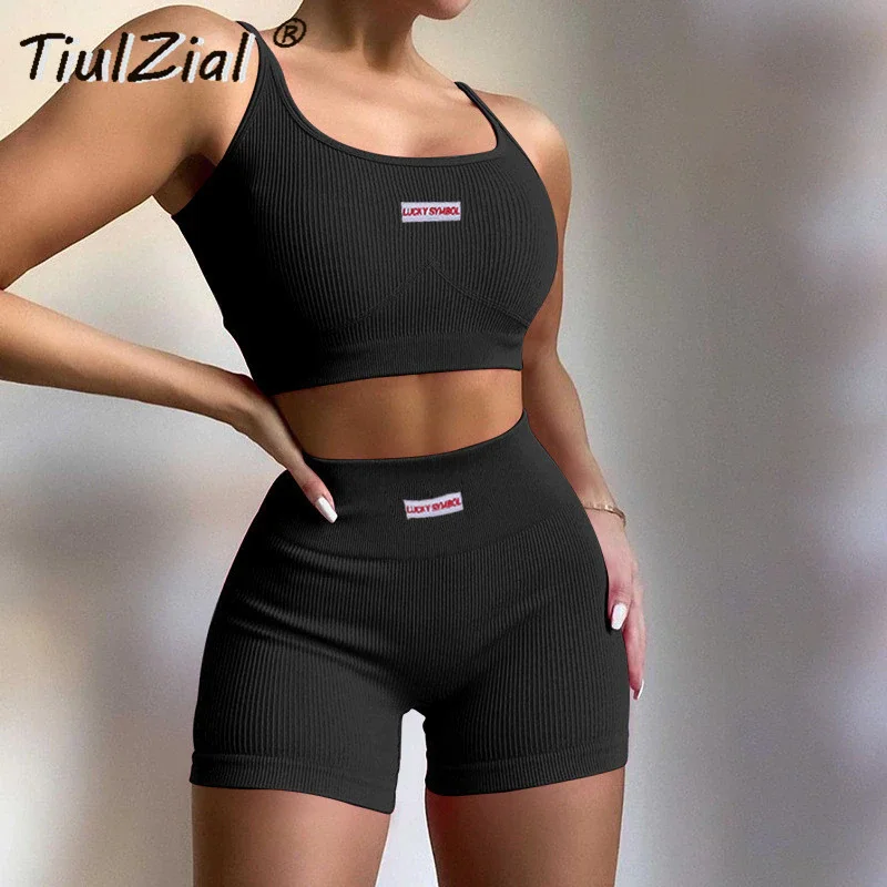 Jangj TiulZial Patchwork Matching Women Set Ribbed Knitted Letter Embroidery Tank Top And Biker Shorts Two Pieces Suit Outfit