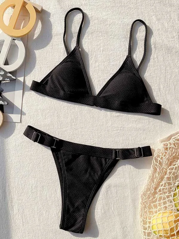 Simple Solid Color Backless Padded Triangles Brazilian Bikini Swimwear