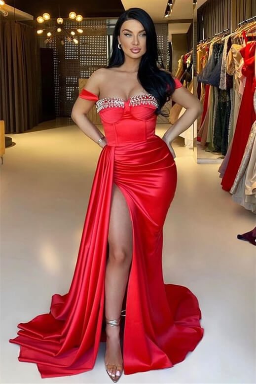 Red Split Mermaid Off-The-Shoulder Beadings Sweetheart Evening Dress Long With Ruffles ED0340