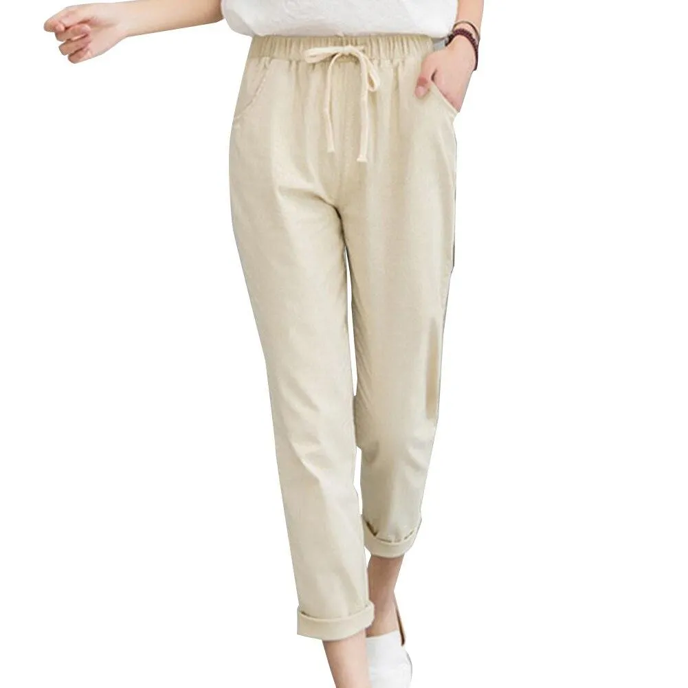 New Women Casual Spring Autumn Big Size Long Trousers Solid Elastic Waist Cotton Linen Pants Ankle Length Solid Color Haren Pant
