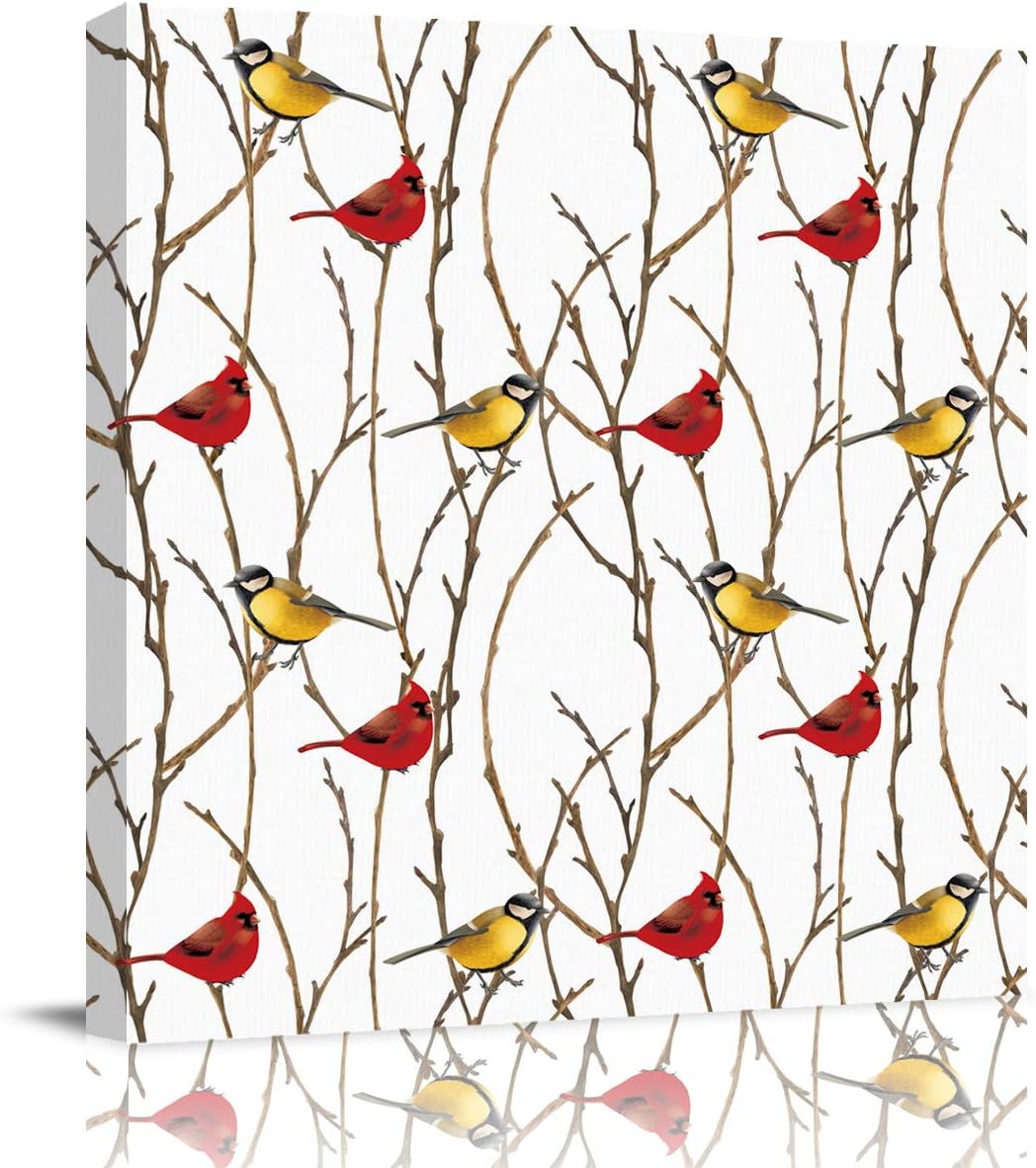 Canvas Wall Art, Red Yellow Bird and Branches Cartoon Pictures Prints Framed Artwork Poster for Kitchen Living Room Bathroom Bedroom Home Decor, 28 inch x28 inch  28x28in