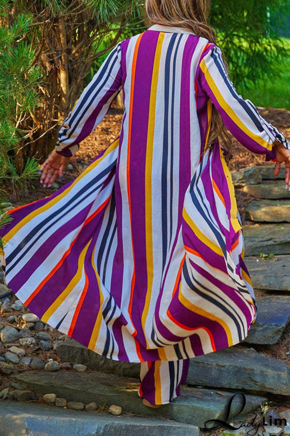 Sky Blue Casual Striped Print Patchwork Buckle Turndown Collar Long Sleeve Two Pieces