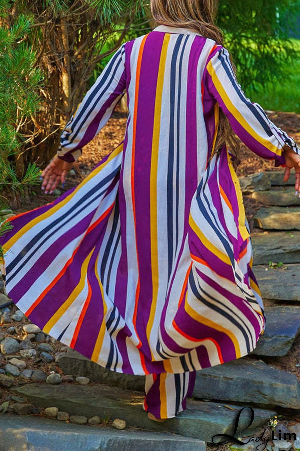 Sky Blue Casual Striped Print Patchwork Buckle Turndown Collar Long Sleeve Two Pieces