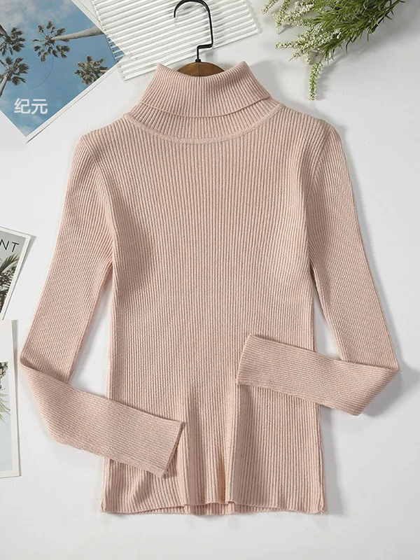 Simple Skinny Solid Color High-Neck Sweater Tops