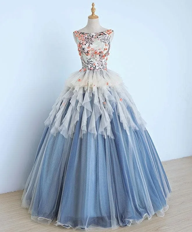 Unique Round Neck Tulle Lace Applique Long Prom Dress