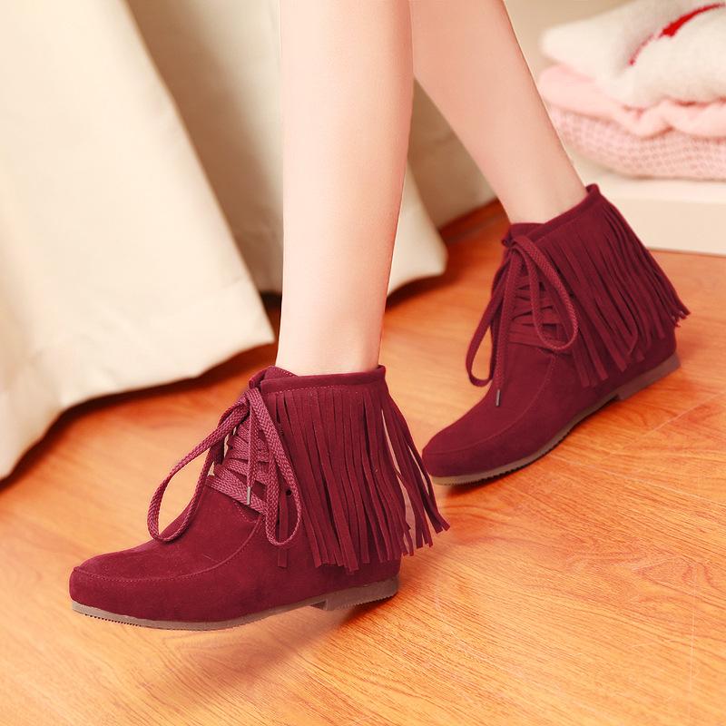 GOOSHOE Retro Tassels Lace Up Round Toe Flat Short Boots
