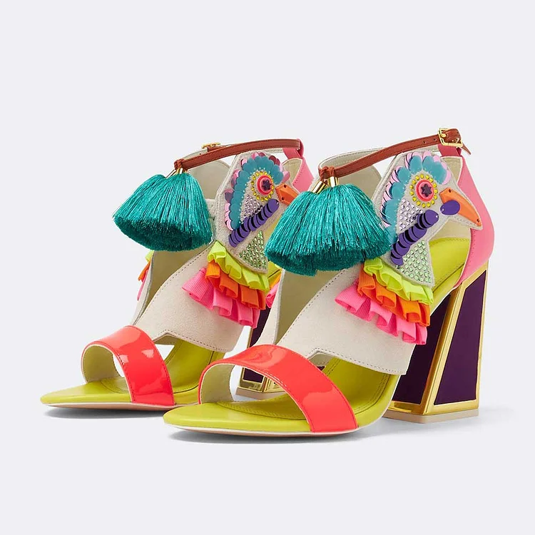 Multi Color Bird Trim Patch Tasseled Ankle Strap Women's Heel Sandals |FSJ Shoes