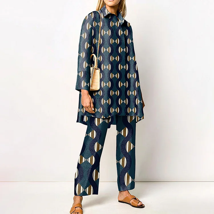 Geometric Print Long Sleeve Two Piece Set