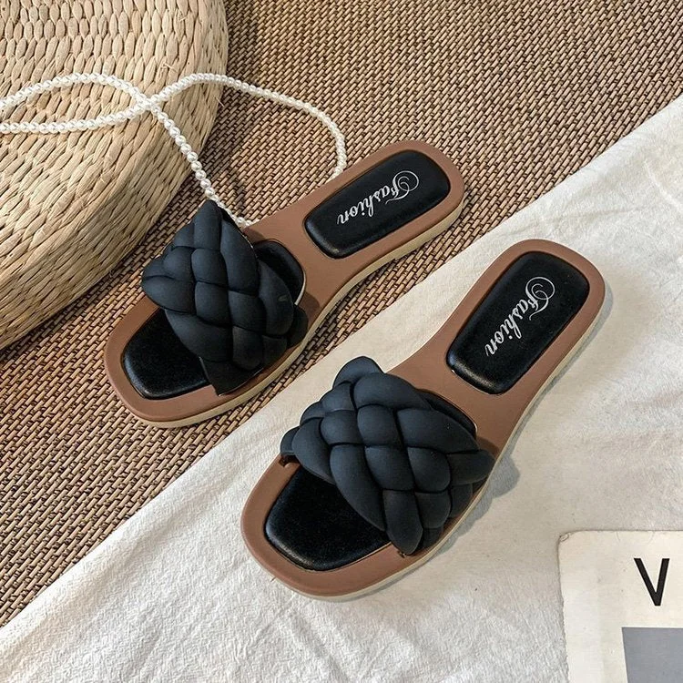 Summer 2021 Trend Braided Slippers Women Flat Outdoor Weave Slides Rubber Sole Open Toe Beach Casual Sandals Ladies Cozy Shoes