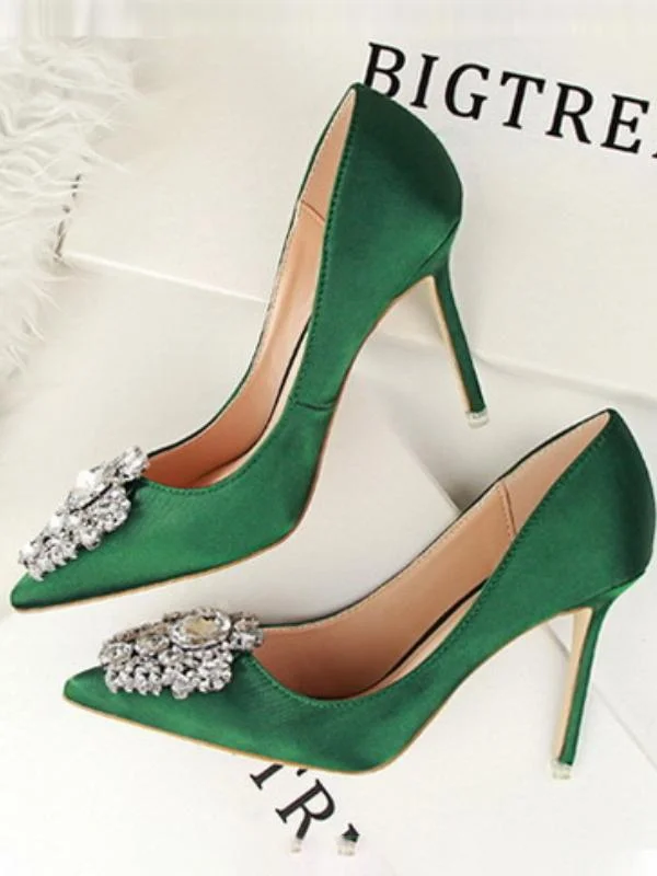 Sexy stiletto high heel shallow pointed toe rhinestone buckle single shoes