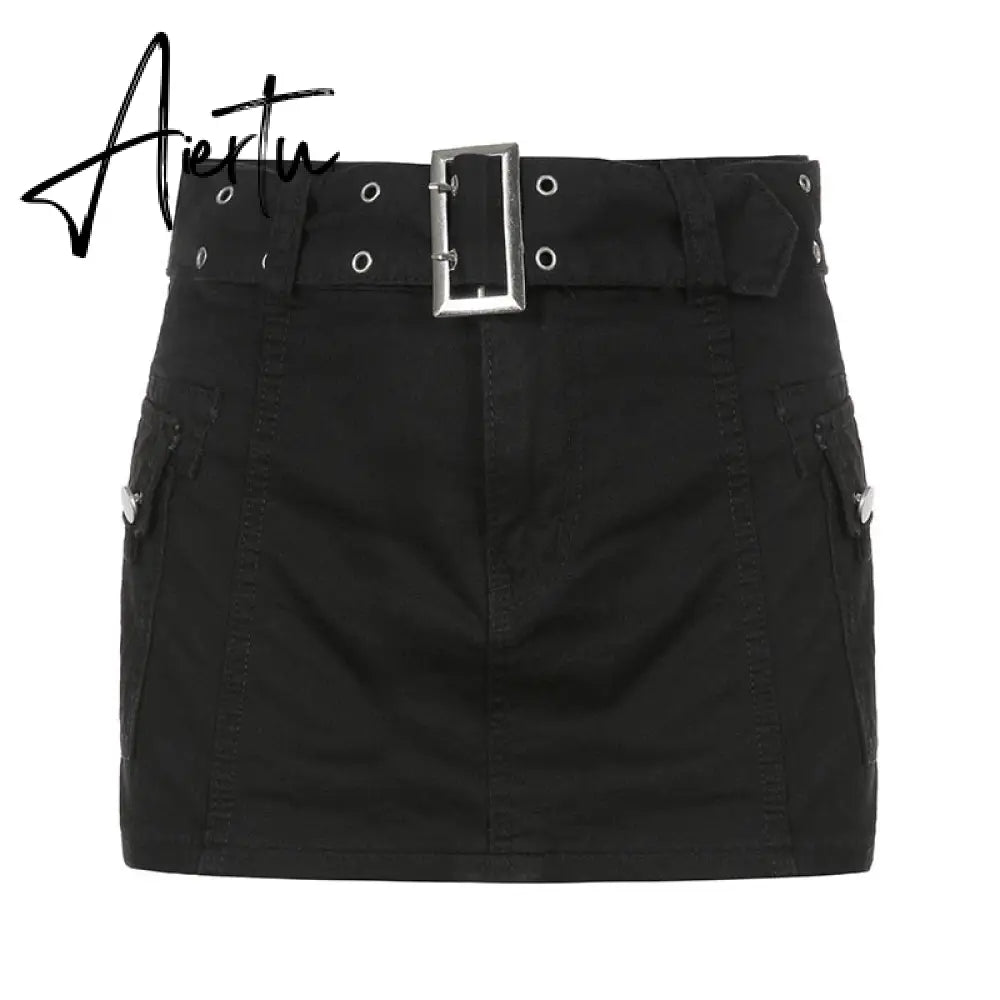 Aiertu  Y2K Aesthetics Basic Belted Low Waist Micro Skirts 2000s Fashion Sexy Pockets White Denim Skirt Cute Bottoms Clubwear Aiertu